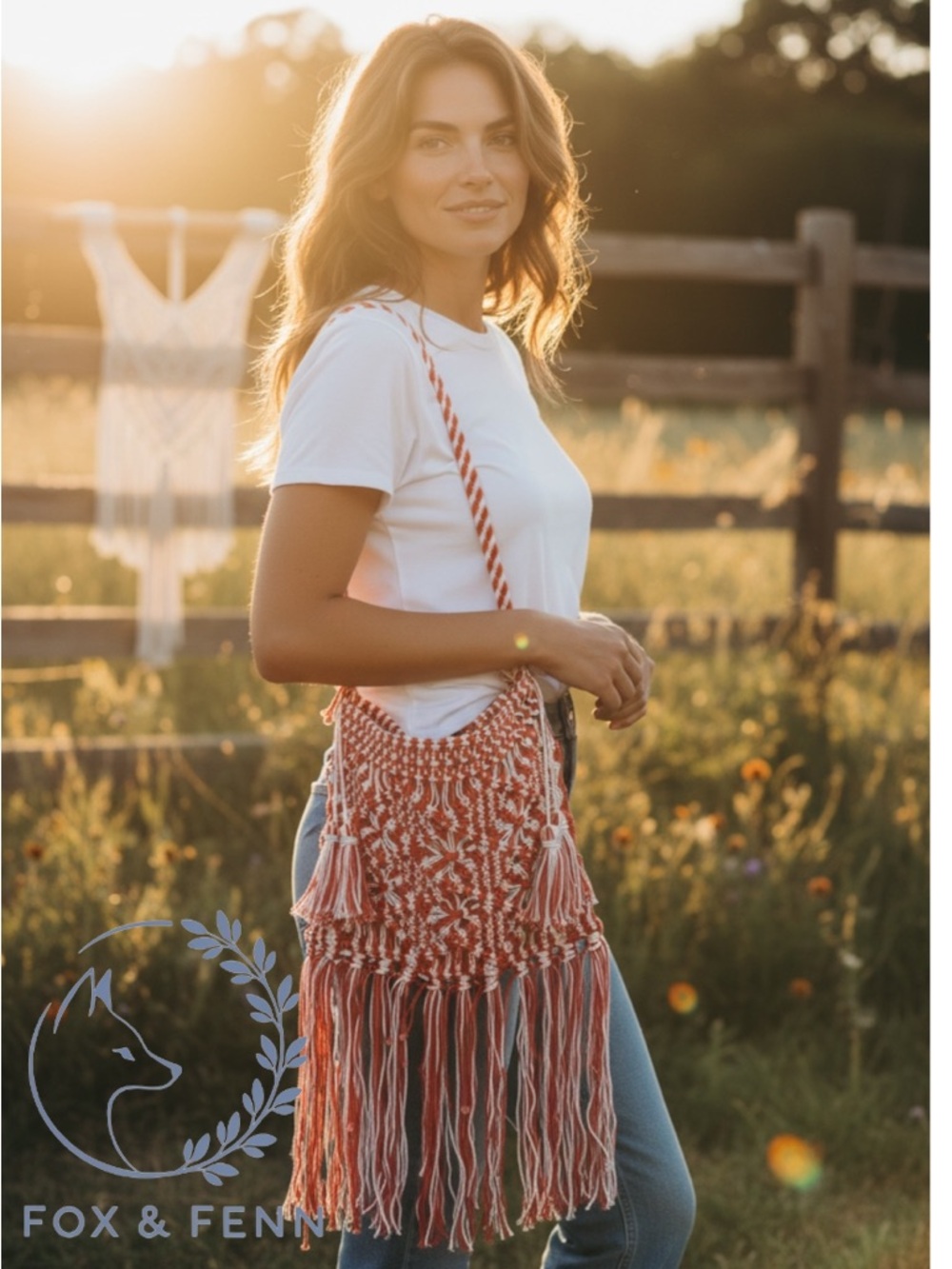 NWT RAJ‎ LA Macramé Fringe Crossbody – Red & Cream Boho Bag